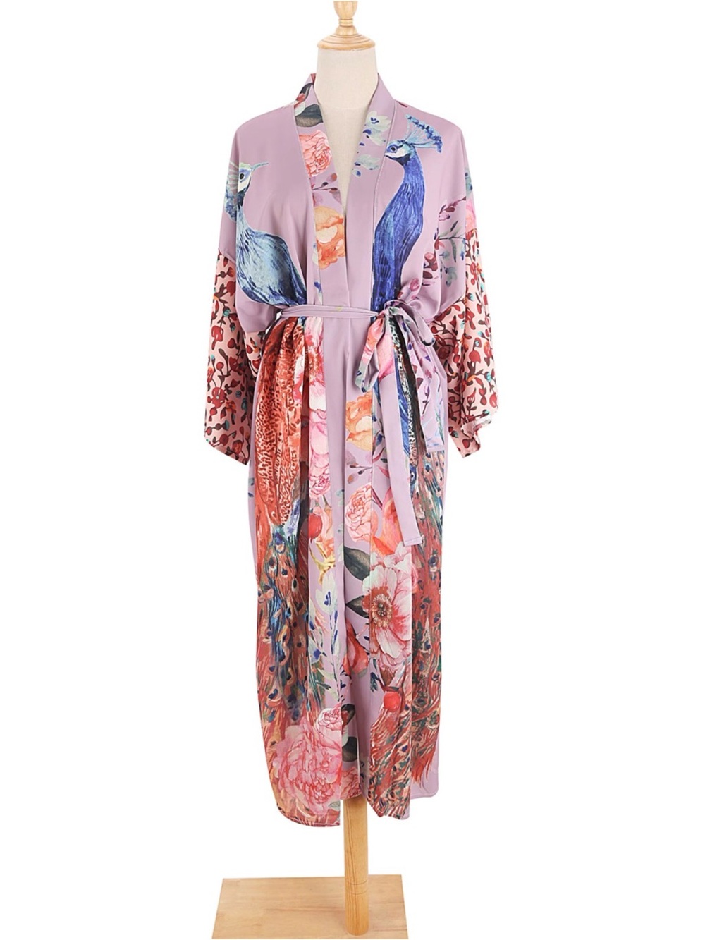 Floral Peacock Print Lavender Wrap Dress - Picture 5 of 10
